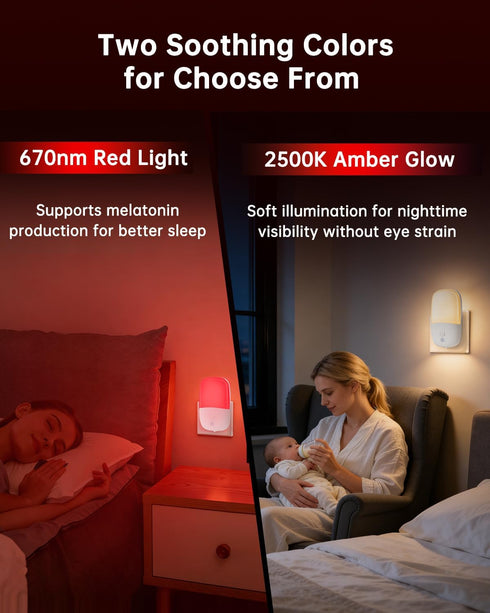 670nm Dimmable 2-Pack Red Light Night Light for Sleep Therapy, Amber Night Light with Dusk-to-Dawn Sensor, Zero Blue