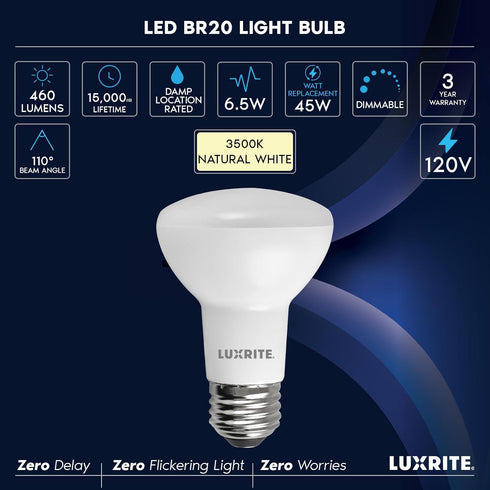 BR20 Bulb, 45W 3500K Dimmable, 460 R20 Bulb 6.5W, E26 (4 Pack) LUXRITE LED Equivalent, Natural White, Lumens, LED Flood