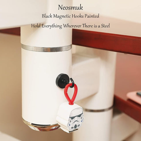 Neosmuk Black Magnetic Hooks, Strong Neodymium Hooks for Fridge, Extra Strength Industrial Hooks, Matte Black, 4 Pack
