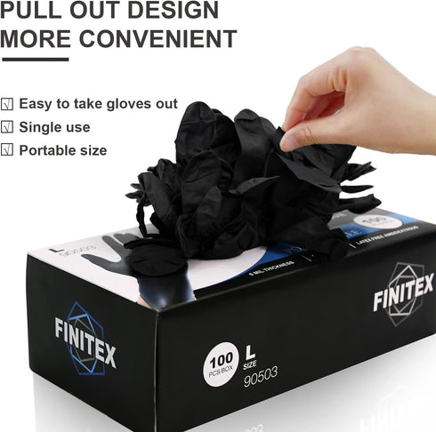 FINITEX Black Nitrile Disposable Medical Exam Gloves - 100/1000 PCS, 6mil, Powder-Free, Latex-Free