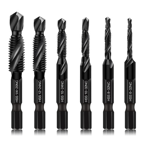 6 Packs Combination Drill & Taps Bit Set, Screw Tapping in SAE Size 6-32nc 8-32nc 10-32nc 10-24nc 12-24nc 1/4-20nc with Anti-rust Black Coating, 1/4” Hex Shank and Storage Case
