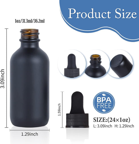 1 oz Amber Glass Boston Bottles 24 Pack with Eye Droppers and Black Caps for Essential Oils