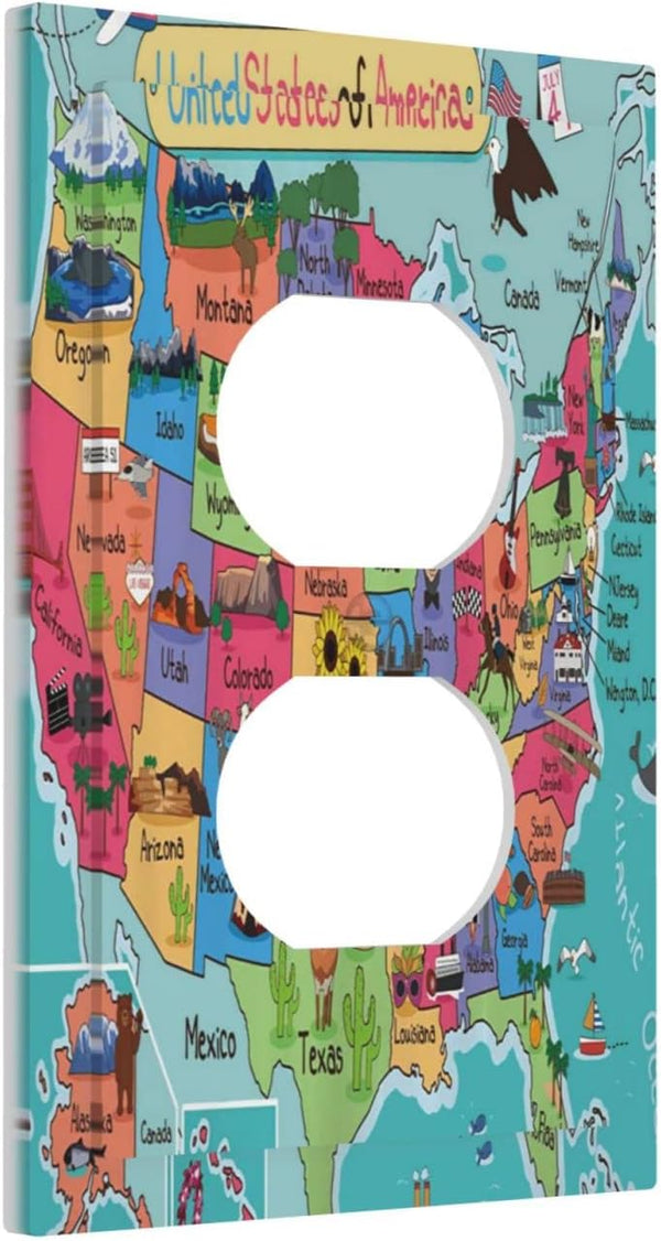 Turquoise USA Map Art Historical Atlas, 1 Gang Outlet Covers, Duplex Receptacle Wall Plate for Home Decor