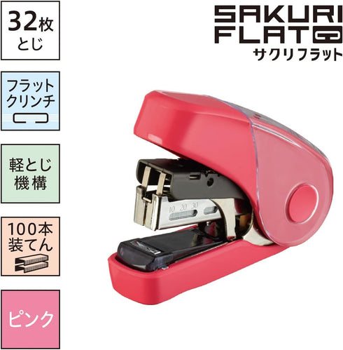 Max HD-10FL3K/P Sakuri-Flat Stapler, Holds 100 Spare Needles, Pink