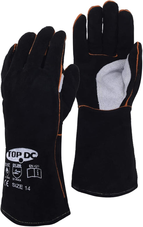 TOPDC 14 Inches Fire/Heat Resistant Leather Welding Gloves for Mig, Tig, Stick, BBQ, Grill, Oven