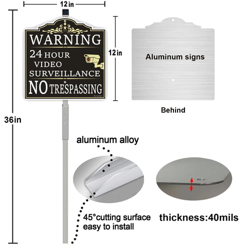 (2Pack) 36" 12 12 Inches 40Mil Large Video Surveillance Sign, No Trespassing Warning Sign, With Long Stake x Thick