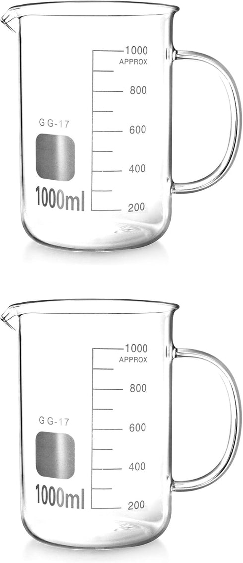 QWORK Beaker with Handle, 1000ml/33.81oz Measuring Cup, Borosilicate Glass, 2 Pack