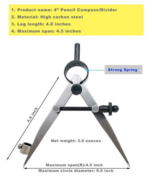 ZLKSKER 4 Inch Woodworking Compass with Pencil Holder, Precision Spring Divider/Scriber for Leather Work and