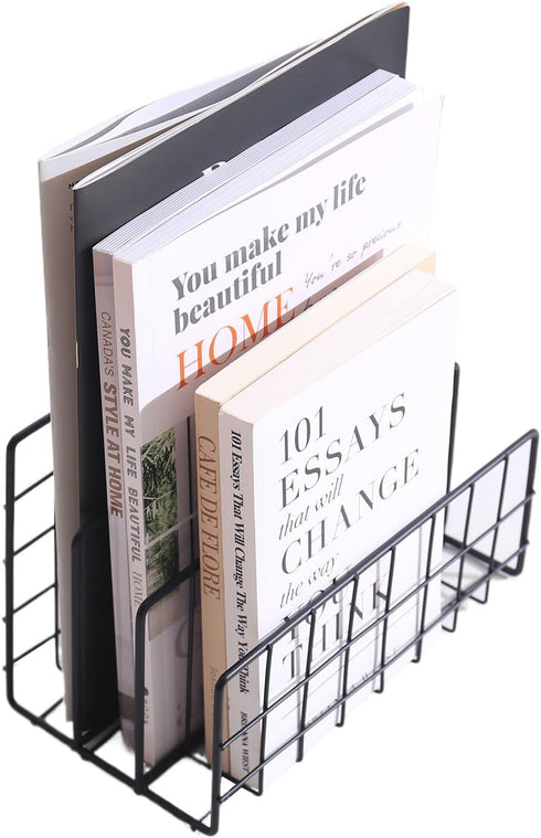 Desk Organizer, 3-Section Vertical Magazine Rack, Metal File Sorter, Document Organizer for Office Desk (Black)