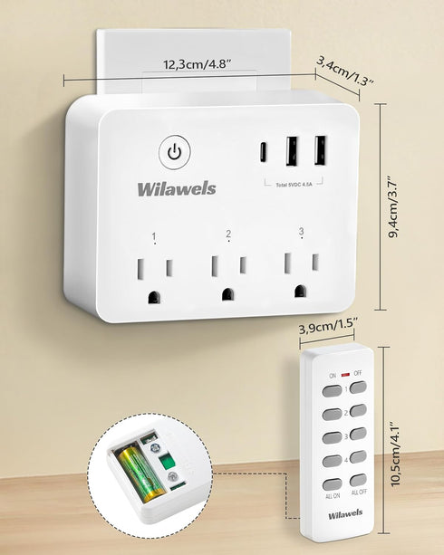 Wireless Remote Control Outlet, Multi-Plug Outlet with 3 Outlets and 3 USB Ports, 100FT RF Range, Programmable