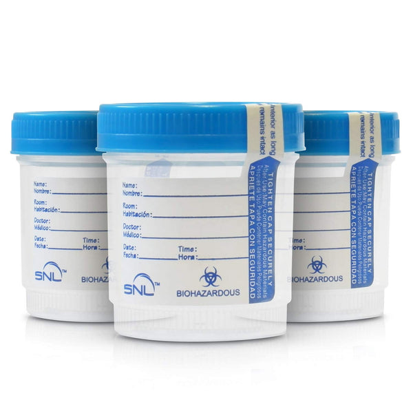 SNL Quality Sterile Specimen Cups, 3oz, Screw-on Cap with Tamper Evident Seal, Blue Cover, Pack of 3