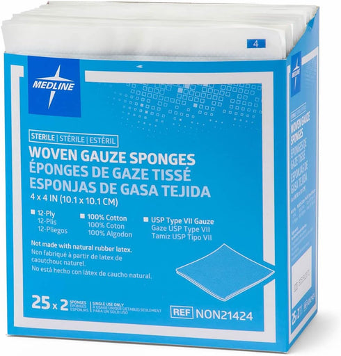 Medline Woven Gauze Sponges, Sterile, 12-Ply, 4 x 4 Inches, Box of 50