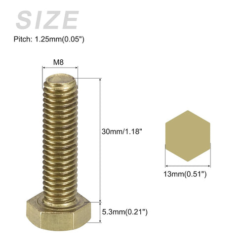 METALLIXITY Hex Head Screw Bolt (M8-1.25x30mm) - 3Pcs Brass Fully Threaded Solid Brass Hex Bolts for Machinery Repair