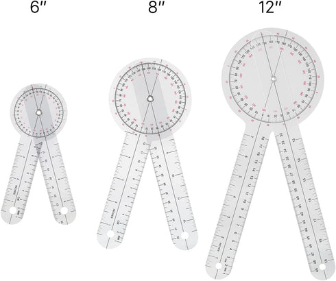 Goniometer Set 3 Pieces of 6/8/12 Inch Occupational Physical Therapy Protractor Tool Measurement Angle Ruler Kit Plastic 360 Degree Universal