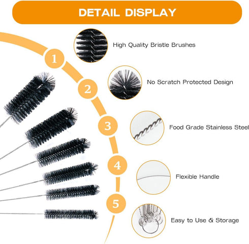 Set,6 12" Brush Family Straw Cleaner Brush Piece Long Pipe Tube Bottle Brushes for Cleaning Narrow Neck Bottles,Coffee