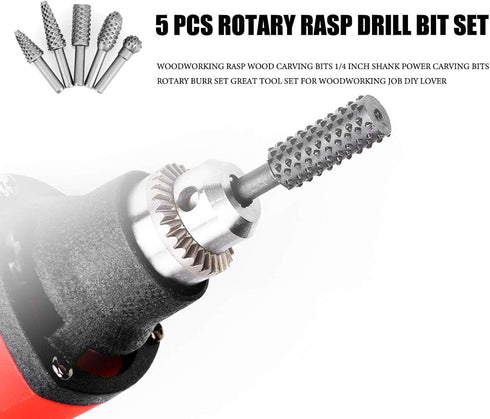 5 PCS Rotary Drill Bit Set Woodworking Rasp Wood Carving Bits 1/4 Shank Power Carving Bits Rotary Burr Set