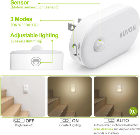 (120 Dimmable 1-120lm (4 Pack) AUVON Night Light Plug in with Motion Sensor Lumens), Smart LED Night Lights