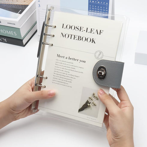 Clear A5 Refillable Notebook Binder with 90 Sheets Lined Paper, Silver 6-Ring Soft Transparent PVC Cover