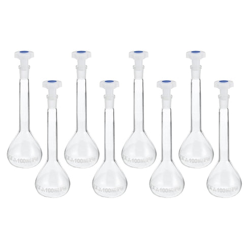 PATIKIL 100ml Volumetric Flask, 8Pcs 3.3 Borosilicate Glass Graduated Measuring Flask with Plug Cap