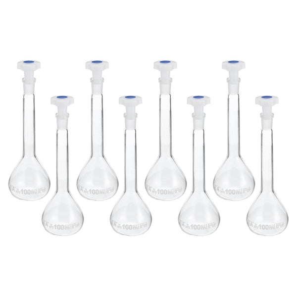 PATIKIL 100ml Volumetric Flask, 8Pcs 3.3 Borosilicate Glass Graduated Measuring Flask with Plug Cap