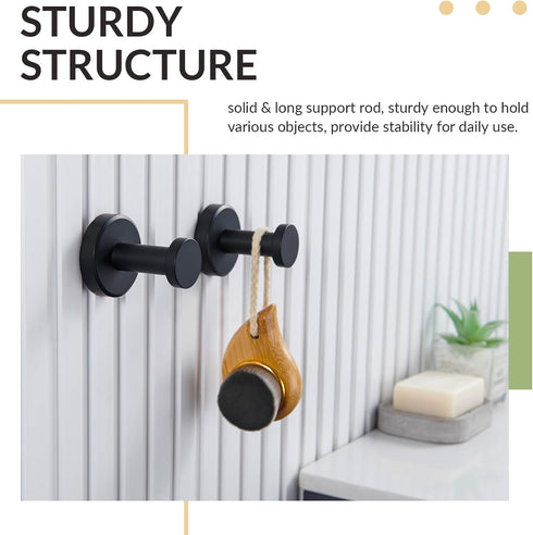 APLusee 2 Pack Bathroom Towel Hook - Stainless Steel Round Coat Robe Hanger for Toilet Kitchen (Matte Black)