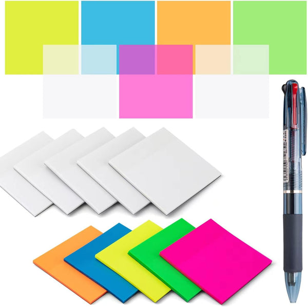 Transparent Sticky Note Pads, 500 Pcs Waterproof Self-Adhesive, 3x3in Colorful, Suitable for Home, Office, School