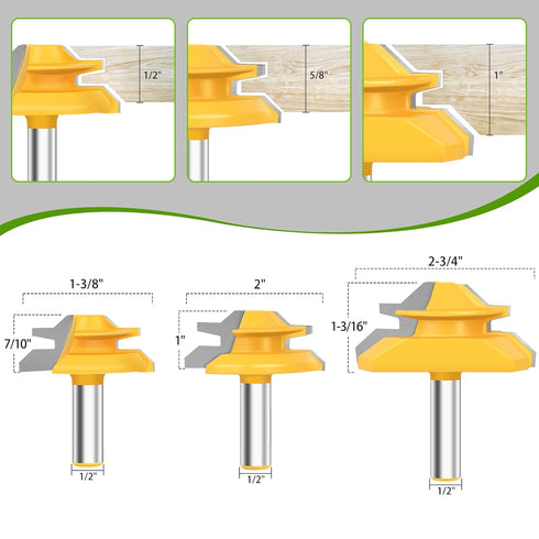 45 3 Set, 1/2 Inch 1/2", 5/8", 3/4" Pynsseu Degree Lock Miter Router Bit Piece Joint Router Bit Shank Router Bits