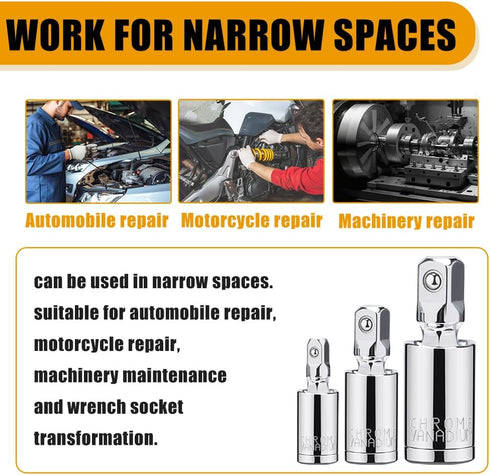 3PCS Universal Joint Socket Set, 1/4 3/8 1/2 Drive Swivel Socket Adapter for Narrow Spaces
