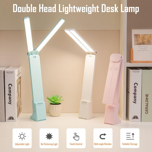 kvppvt LED Double Head Desk Lamp, Rechargeable Portable Small Table Lamp, Adjustable Light Color and Brightness, USB