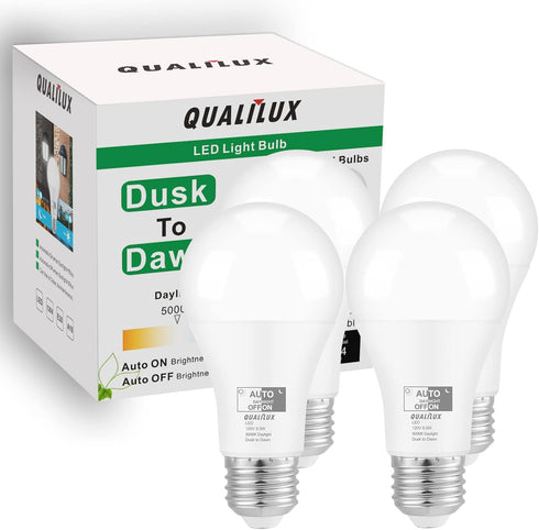 Dusk to Dawn Light Bulbs Outdoor, 850 Lumen, 60W Equivalent, Daylight, LED 9.5W, A19, E26 Base, 4-Pack