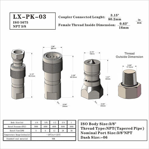 1-Set 3/8'' Ag ISO5675 Carbon Steel Hydraulic Quick Connect Coupling/Coupler Poppet Valve,Pioneer Type, Set w/Dust Cap
