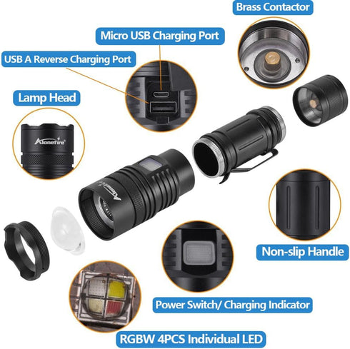 X37 4 ALONEFIRE Multicolor LED Flashlight Color Change White Blue Green Red Light RGB USB Rechargeable Zoom Waterproof