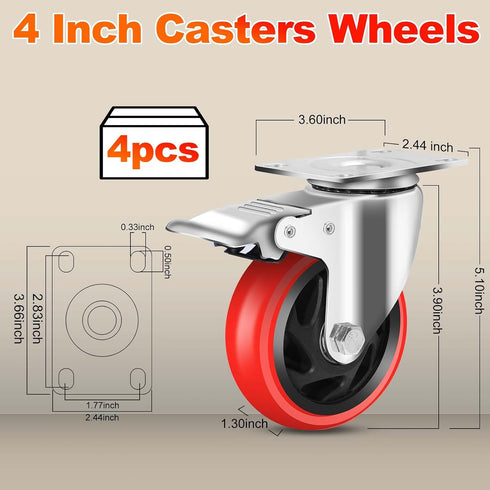HXSMUYC 4 Inch 2200 lb 360 Set 4 Industrial Caster Wheels with Brake - Heavy Duty Capacity, Swivel, of for Carts