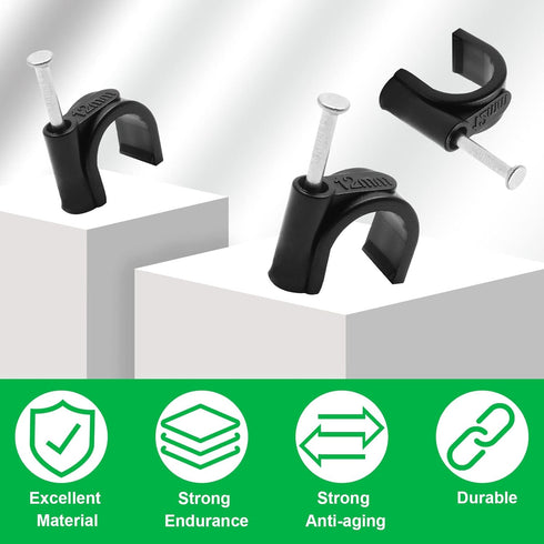 100pcs 1/2" / 12mm Half Clamp J-Hook with Nail, Nail in Cable Clips Ethernet Cable Nails Tacks Clips, Black