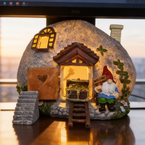 4 Fairy Garden Accessories Gnome House Pcs Kit, Solar Statues with Openable Door for Yard Lawn Patio, Resin Stone