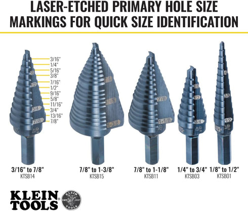 Klein Tools KTSB14 Step Drill Bit #14, Double-Fluted, 3/16 to 7/8-Inch with Easy-to-Read Markings