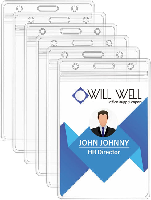 Will Well 6-Pack ID Badge Holders with Holes for Lanyards, Vertical Clear Plastic Sleeves Fit Up to 3 Cards