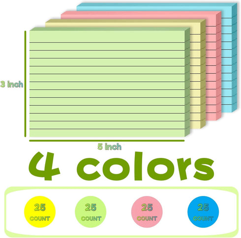 COLOGN 100 Count 3x5 Inch 4 (25 Colored Index Cards Ruled Flashcards Notecards Color Sheets Each),Lined Study Card