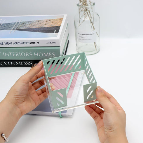 NatSumeBasics Sticky Note Holder Mint Green Metal Post a It Note Holder 3.5 x 3.5 Clear Acrylic Base Cube Dispenser for Desk Organizers Accessories Supplies (Mint Green)