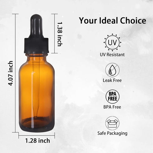 48 Pack 1oz Amber Glass Bottles with Glass Eye Droppers for Essential Oils, Perfumes & Lab Chemicals (54 Pieces Labels)
