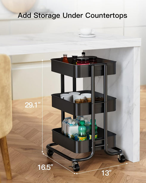 Pipishell 3 Tier Metal Rolling Utility Cart, Heavy-Duty Storage with 2 Lockable Wheels, Black