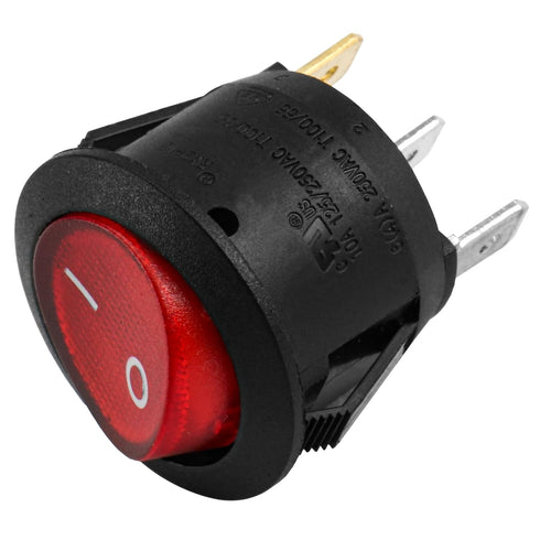 Round Rocker Switch ON-Off SPST, 3 Terminals Red Light, 10A 250VAC, 5 Pack.