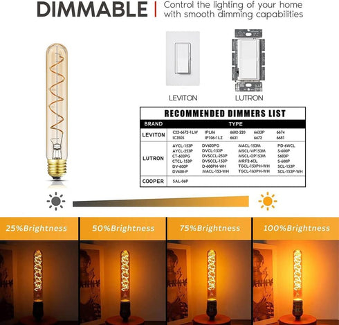 Dimmable T10 Bulbs, 2200K 7.3inch Bulb, 40 Bulb,400lm,E26 Bulb,Amber Glass,Pack 4 LED Warm White Amber, Long Tubular