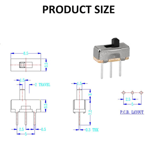 100Pcs High Knob 3 Pin 2 Position 1P2T SPDT Vertical Slide Switch with PCB Panel for Arduino, 0.5 Amp, 50V DC