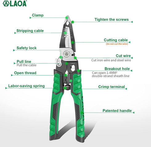 LAOA Needle Nose Pliers, 9-in-1 Electrician Wire Stripper Tool for Clamping, Tightening, Cutting Cables