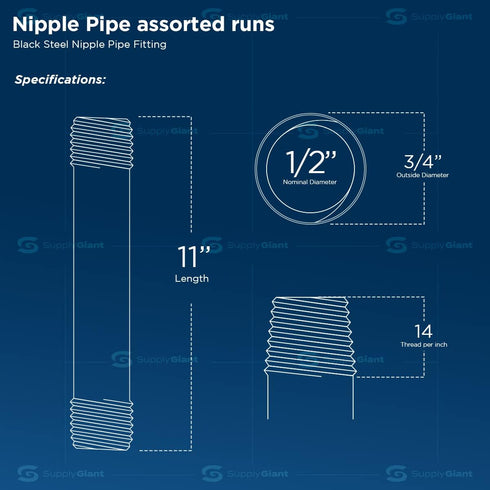 1/2 Inch Black Nipple Pipe, Ideal for Building Industrial Furniture and Shelves, Purchase the Length You Need
