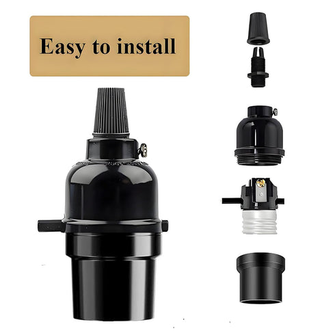 3 Pack E26 Phenolic Medium Base Light Socket with Push Switch, Medium Screw Light Holder Black Edison Retro Pendant
