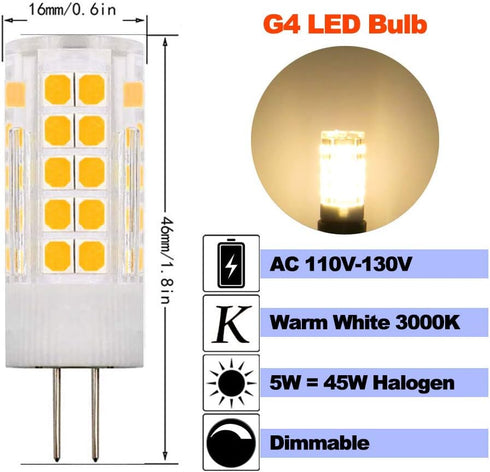 G4 LED Bulbs 110V-130V, 5W Warm White 3000K, Dimmable Bi-Pin Base, Pack of 10 for Under-Cabinet Lighting