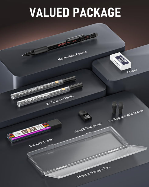 Nicpro 2mm Mechanical Pencils Set with Case, 12 Black Lead Refills, 12 Colored Lead Refills, Heavy Duty Pencil