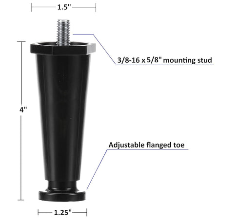 4-Pack 4-Inch Countertop 3/8-16 5/8" OCS Parts Black Thermoplastic Appliance Legs | Adjustable Height Appliance Legs